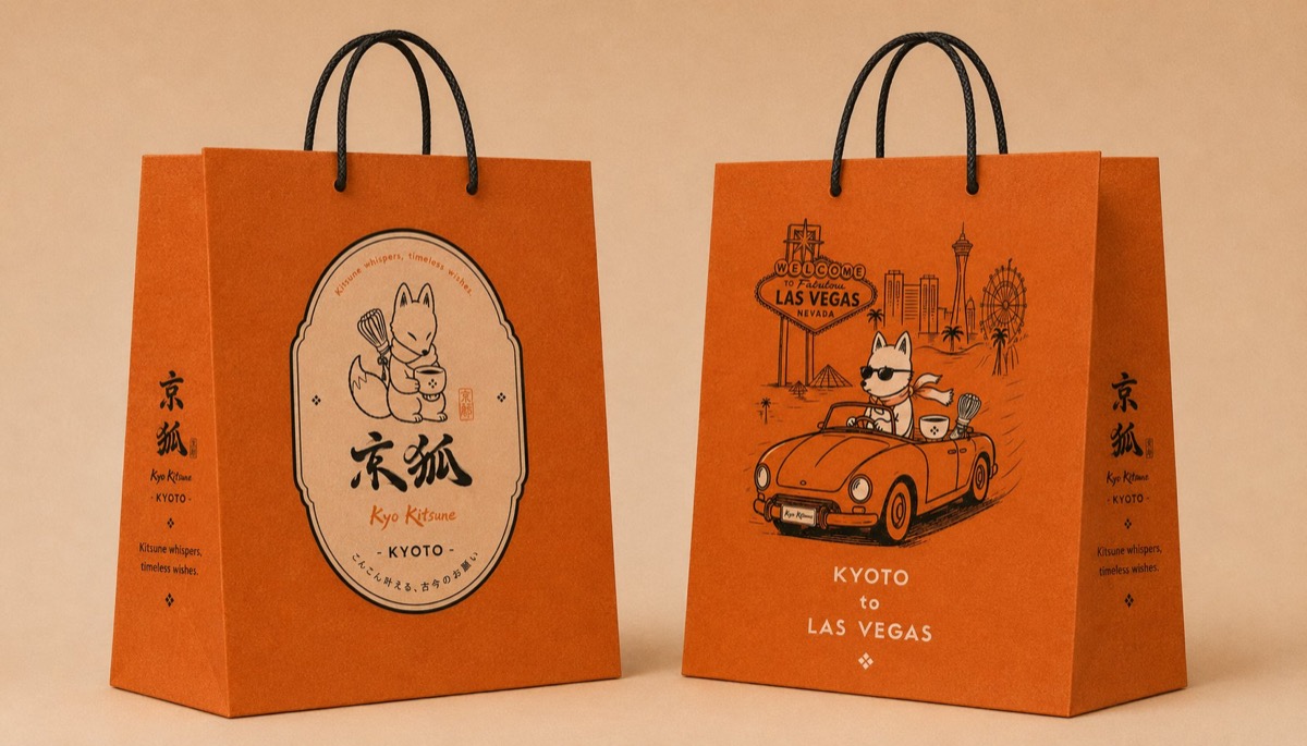 Terracotta Kyo Kitsune takeaway paper bags printed with the fox emblem