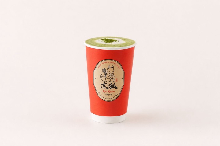 Matcha Latte Hot Hot matcha latte in a Kyo Kitsune paper cup printed with the fox emblem